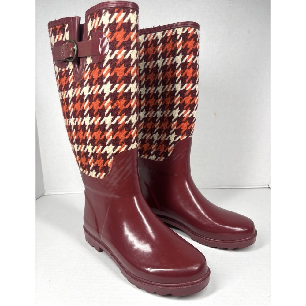 Banana Republic Womens‎ 6 Houndstooth Rain Boots Maroon Orange Tweed Retro 70s - Picture 3 of 11